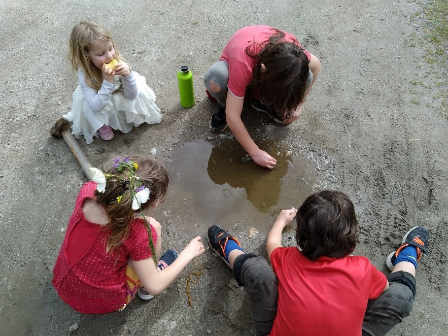 Cuatro niños jugando alrededor de un charco en un camino de montaña